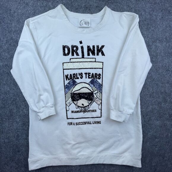 House of Mua Mua Sweatshirt L White Sequin Drink Karl's Tears Karletto Sparkle